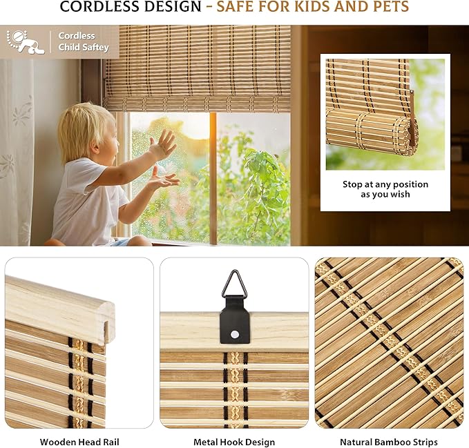 LazBlinds Cordless Bamboo Blinds, Roll Up Shades - Image 2