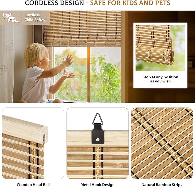 LazBlinds Cordless Bamboo Blinds, Roll Up Shades - Image 2