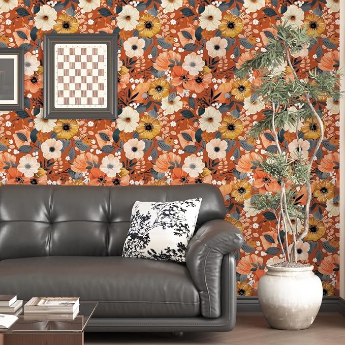 BOKEBEVE Extra Long Orange Wallpaper Stick and Peel Boho Floral Contact Paper - Image 2