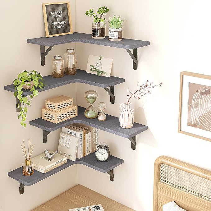 Fixwal Corner Floating Shelves Set of 5, Rustic Wood Wall Mounted Corner Shelf - Image 2