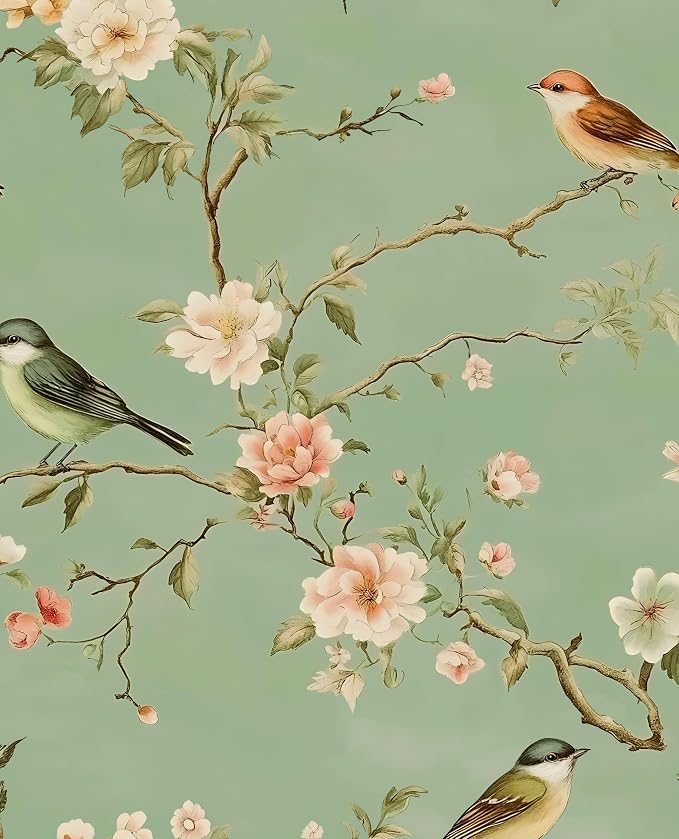Laatse Green Floral Wallpaper Peel and Stick Bird Wallpaper Pink Flower Contact by Laatse