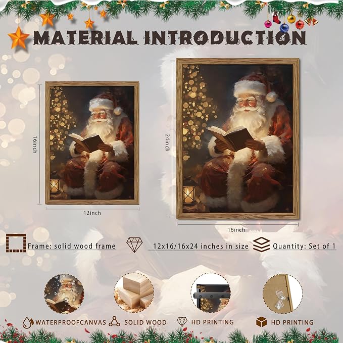 Framed Santa Christmas Wall Art, Vintage Santa Claus Reading Canvas Paintings - Image 5