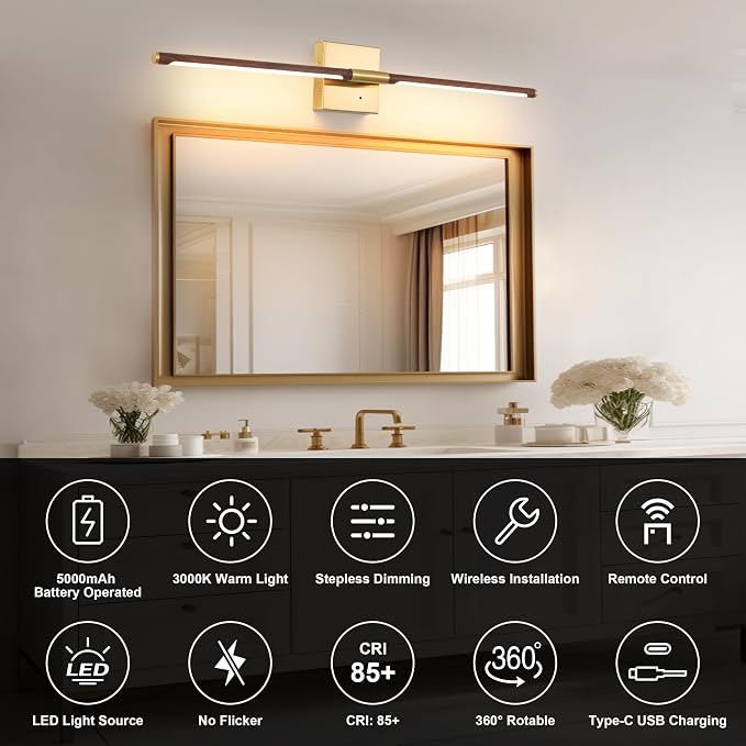 Morauroral 36 Inch Battery Operated Wall Sconces Set of 2, Dimmable Battery - Image 3