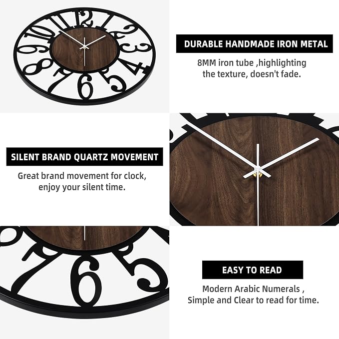 LEIKE Large LED Wall Clocks, Non Ticking, Battery Operated Rustic Round Modern - Image 4