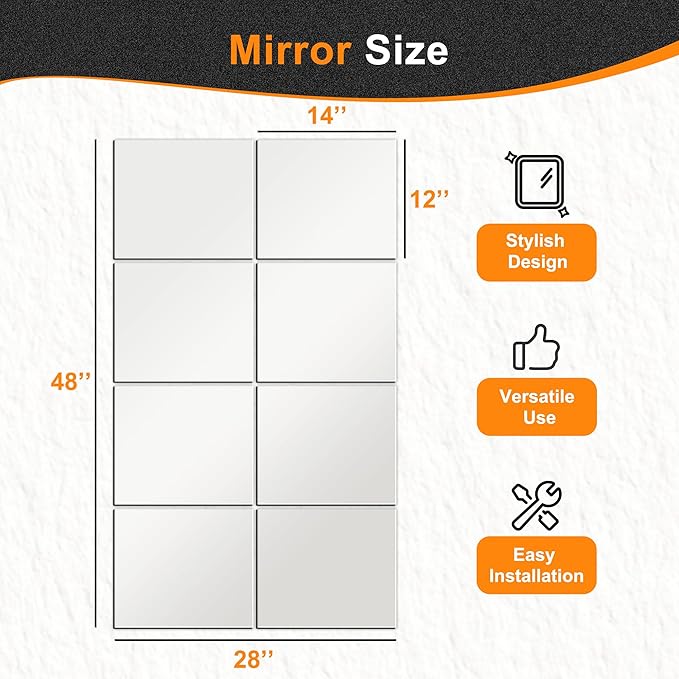 Delma Frameless Mirror Tiles 14"x12"x8 Pcs Wall Mounted, Shatter Resistant Full - Image 4