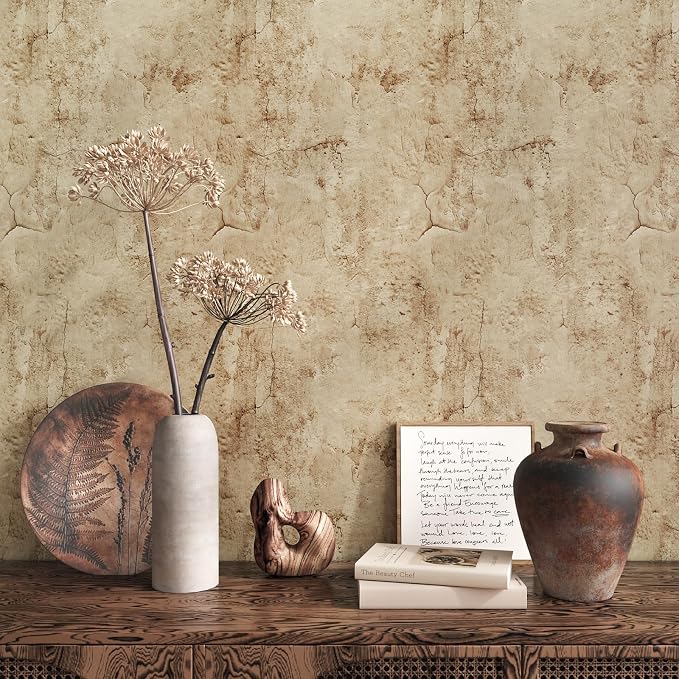 VEELIKE Aged Tan Concrete Wallpaper Peel and Stick Distressed Beige Limewash by VEELIKE