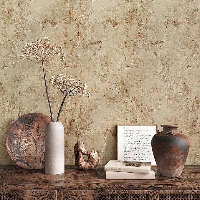VEELIKE 15.7''x354'' Aged Concrete Wallpaper Textured Tan Concrete Peel and by VEELIKE