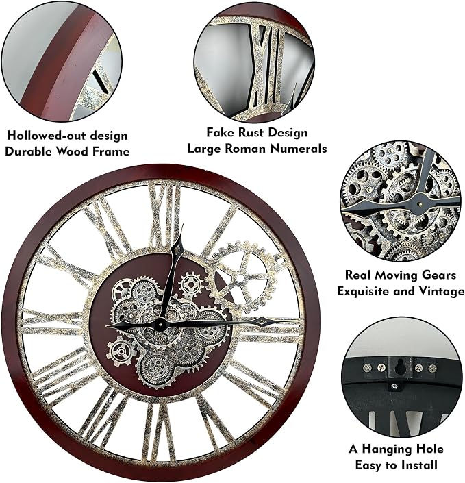 The B-Style Large Real Moving Gears Wall Clock 30 Inch Rustic Retro Industrial - Image 3