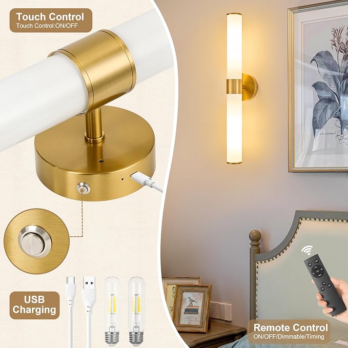 Morauroral Gold Battery Operated Wall Sconces Set of 2, Rechargeable Wall Lights - Image 7