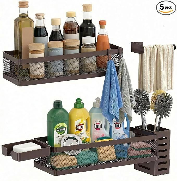 PUSDON 5-in-1 Wide Wall Mount Wrapped Mesh Kitchen Organizer & Shower Caddy Kit by PUSDON