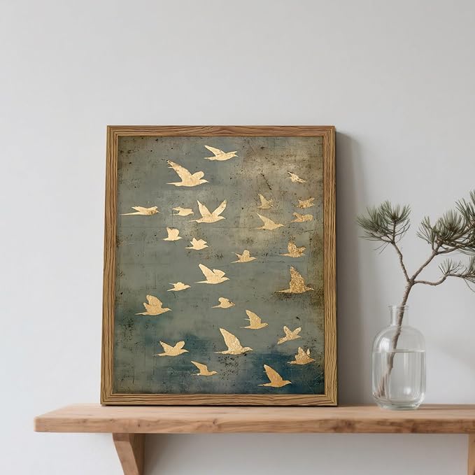 Framed Flock of Birds Canvas Wall Art, Vintage Minimalist Abstract Landscape - Image 6