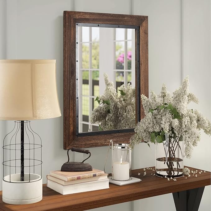 YOSHOOT Rustic Wooden Framed Wall Mirror, Natural Wood and Iron Bathroom Vanity - Image 6