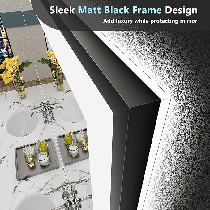 84x40 Black Framed LED Bathroom Mirror - Image 3