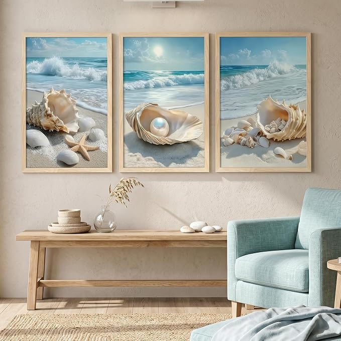 SYWENNOI 3 Piece Wood Framed Beach Wall Art, Sandy Shore, Pearl in Shell - Image 3