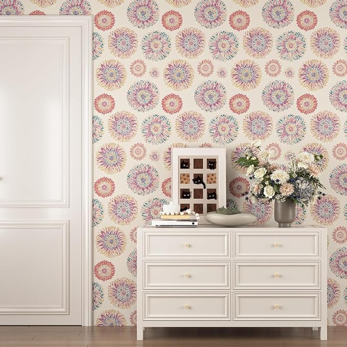 Beige Boho Wallpaper Peel and Stick, Vintage Circle Floral Contact Paper 17.5" - Image 7