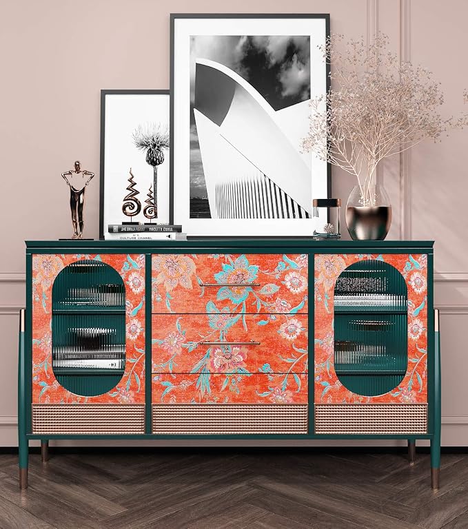 FunStick 17.5"x118" Vintage Floral Peel and Stick Wallpaper Orange Red Wall - Image 2