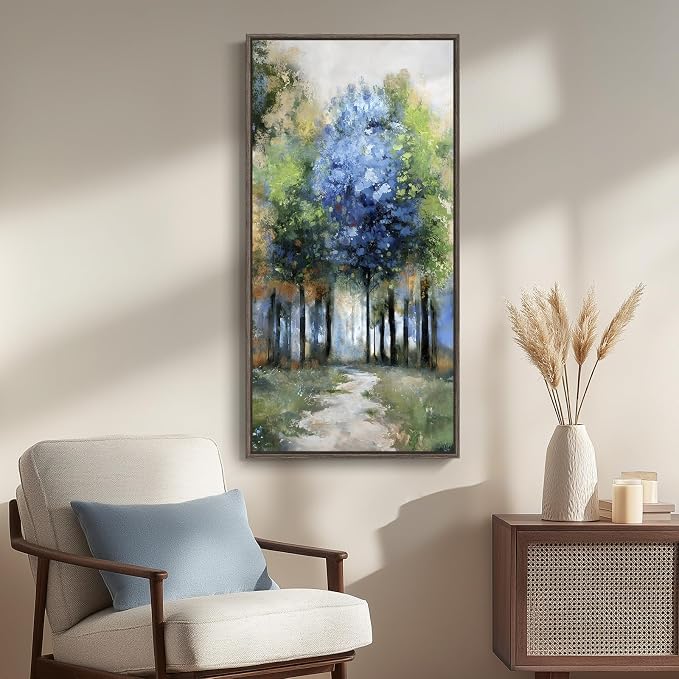 Framed Vertical Colorful Forest Living Room Wall Art, Large Tree & Path Picture - Image 2