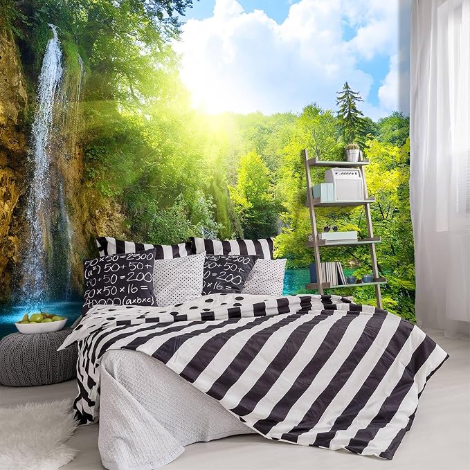 -Green Lake Waterfall Scenery Fabric Wallpaper Living Room Woodland Forest by YIHWM-PurchaseNow