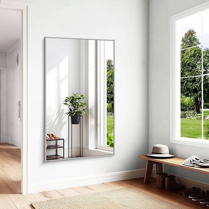 KOCUUY Silver Bathroom Mirror, HD Tempered Glass, Anti-Rust Brushed Silver Frame - Image 4
