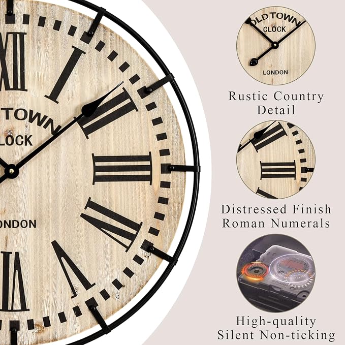 EMAX HOME Rustic Farmhouse Wall Clock 24 Inch, Vintage Oldtown London Wooden - Image 5