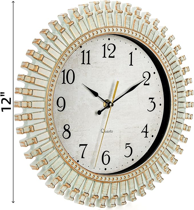 Noamus 12" Retro Wall Clock, Silent Non-Ticking Round Clock, Aqua Battery - Image 2