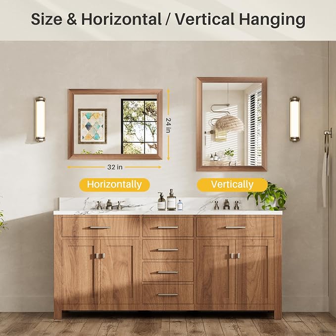 24x32 Inch Bathroom Mirror for Wall, Anti-Rust Walnut Wood Grain Metal Framed - Image 7