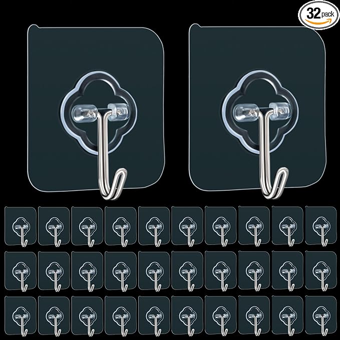 Adhesive Hooks, 32 Pack 33lb Sticky Hooks, Transparent Reusable Removable by DKHDBD