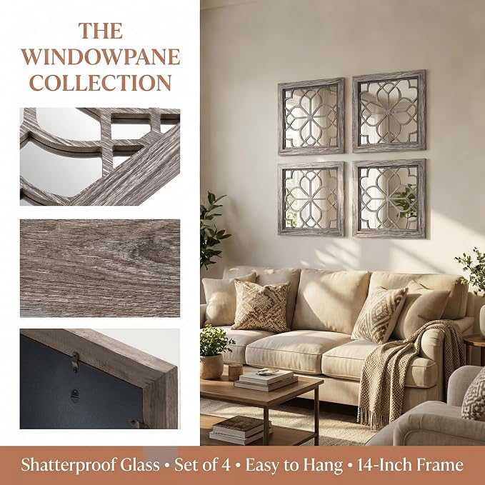 Set of 4 14 Inch Square Brown Window Pane Wall Mirrors, Shatterproof Rustic - Image 4