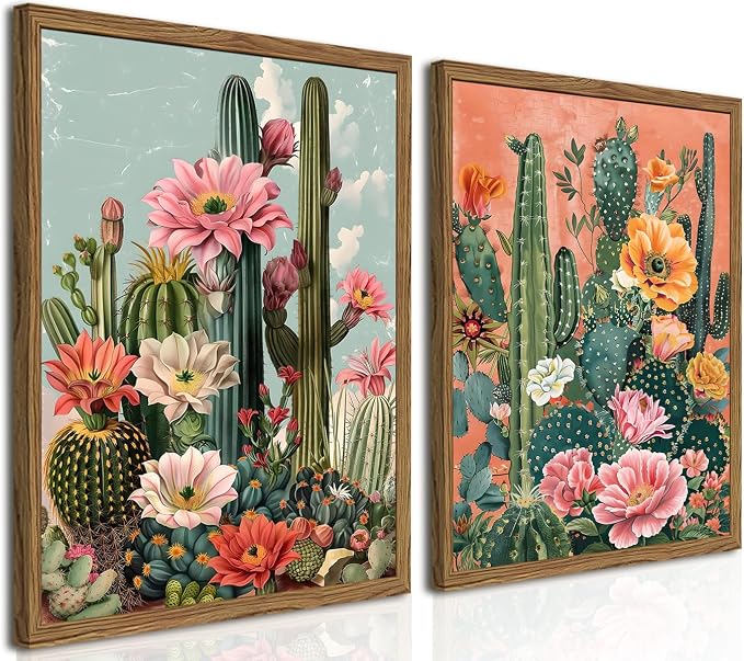 Framed Mexican Cactus Canvas Wall Art Set of 2, Vintage Desert Floral Wall by Unknown