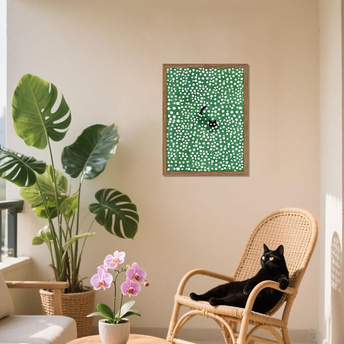Framed Floral Black Cat Canvas Wall Art, Cute Black Cat in Daisy Field Painting - Image 2