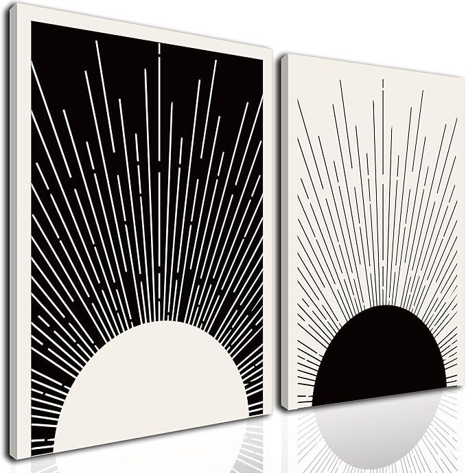 Hwetui Framed Boho Sun Wall Art Set of 2 Black and White Minimalist Sunrise by Hwetui