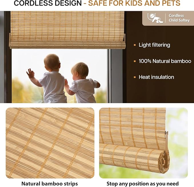 LazBlinds No Tools No Drill Bamboo Roller Shades, Cordless Bamboo Blinds - Image 3