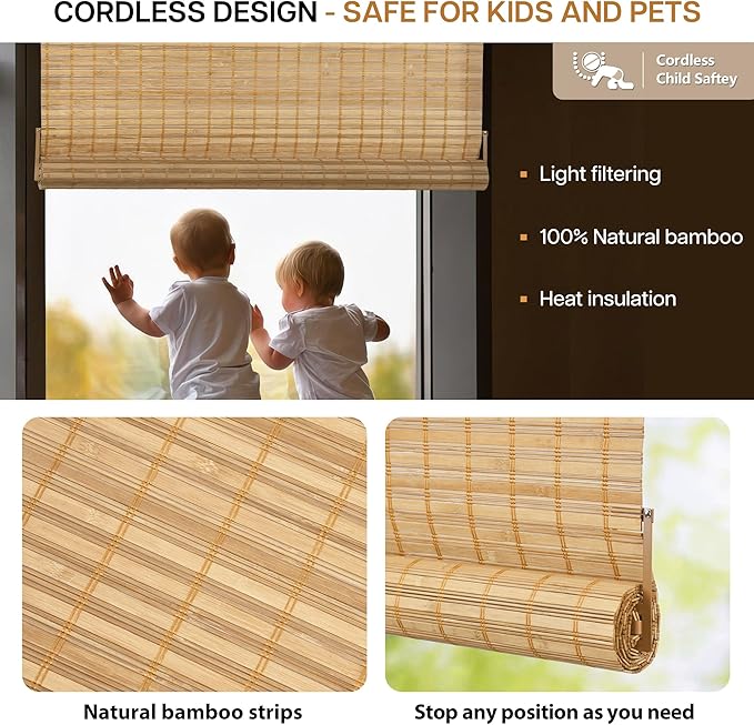 LazBlinds No Tools No Drill Bamboo Roller Shades, Cordless Bamboo Blinds - Image 3