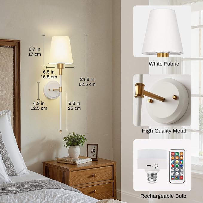 DORESshop Battery Operated Wall Sconce Set of 2, Wireless Wall Light Easy to - Image 7