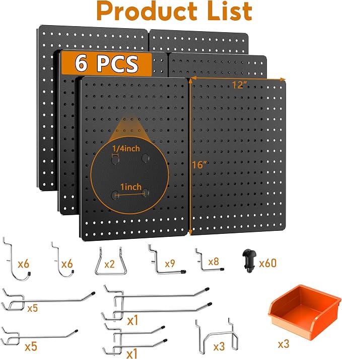 Peg Board, 6 Pack Black Peg Board Panels, 60lbs Load Capacity Each, Pegboard - Image 2