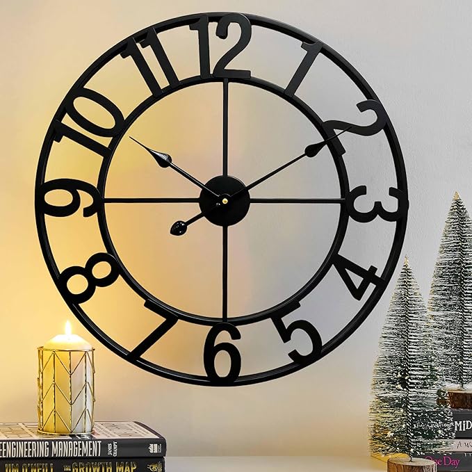 CLXEAST 24 Inch Wall Clocks for Living Room Decor, Large Black Metal Wall Clock by CLXEAST