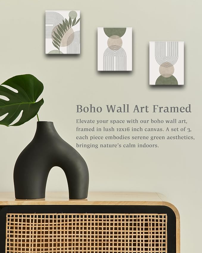 30x40CM Sage Green Boho Wall Art, Framed Canvas Bathroom Wall Art Pictures - Image 2