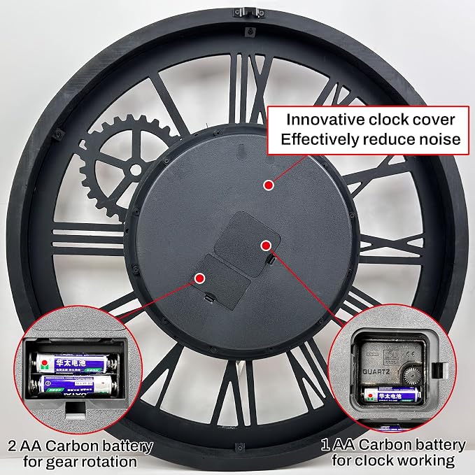 The B-Style Large Wall Clock 24 inch Moving Gear Wall Clock Oversized Vintage - Image 3