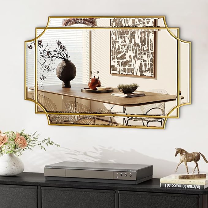 HQiJun Gold Mirror for Wall, 36x24 Gold Wood Framed, Scalloped Beveled Polished by HQiJun