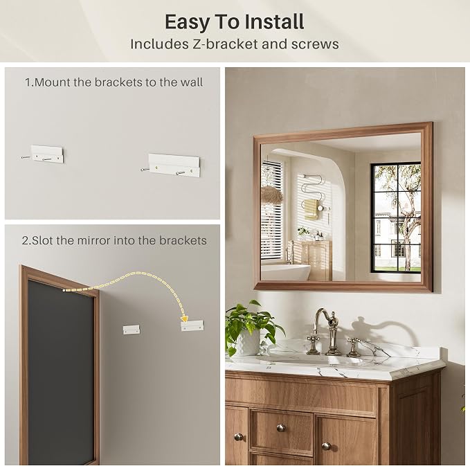 55x36 Inch Bathroom Mirror for Wall, Anti-Rust Walnut Wood Grain Metal Framed - Image 5