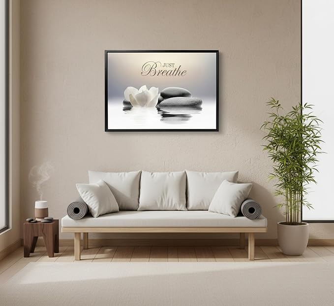 Floating Framed Zen Wall Art, Just Breathe Stone Poster Picture - Image 3