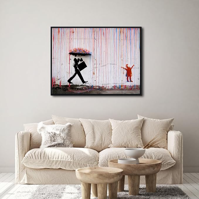 Wieco Art Framed Banksy Raining Day or Colorful Graffiti Street Famous Canvas - Image 2
