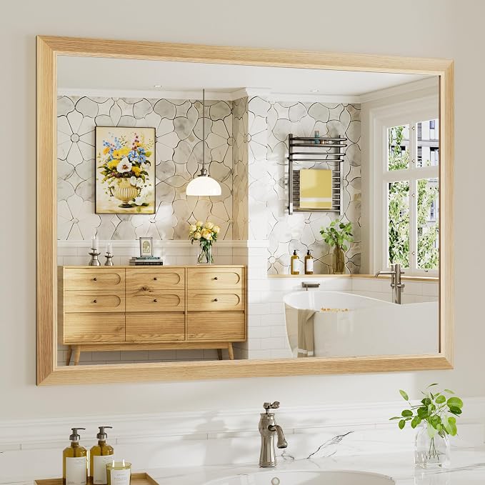 48x36 Inch Bathroom Mirror for Wall, Anti-Rust Oak Wood Grain Metal Framed by Briivuemodernmirrors