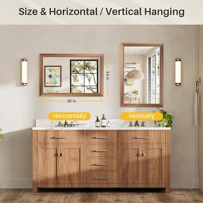 24x36 Inch Bathroom Mirror for Wall, Anti-Rust Walnut Wood Grain Metal Framed - Image 7