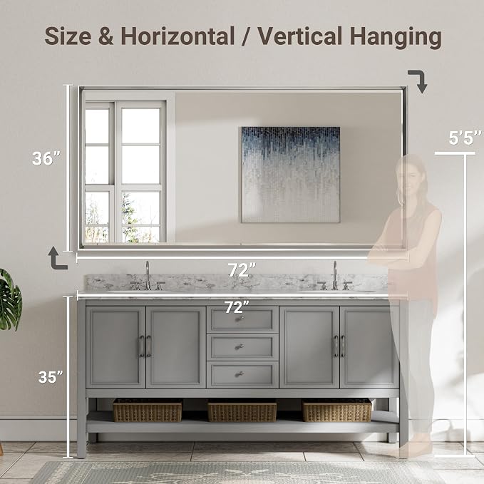 72'' x 36'' Large Beveled Silver Bathroom Vanity Mirror, Shatterproof Rectangle - Image 2