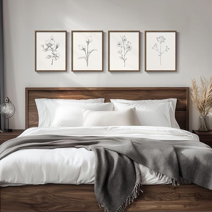 Vintage Floral Wall Art with Walnut Framed, 4 Piece Farmhouse Black and White - Image 2