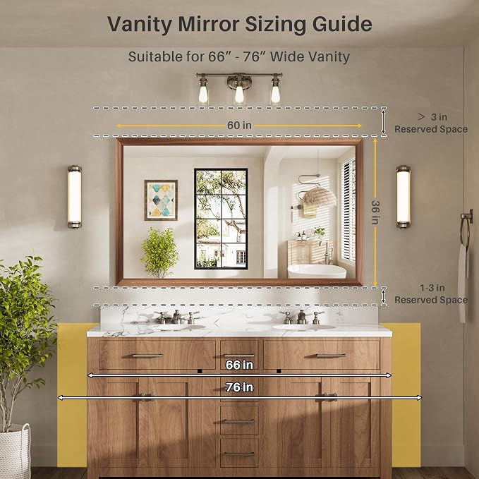 60x36 Inch Bathroom Mirror for Wall, Anti-Rust Walnut Wood Grain Metal Framed - Image 2