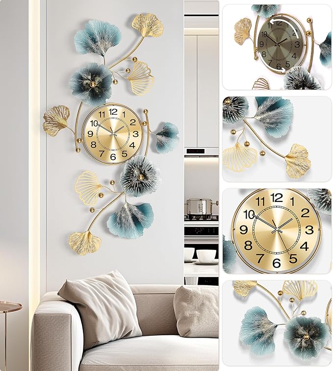 Wall Clocks for Living Room Decor, Large Wall Clock, 3D Creative Metal Ginkgo - Image 4