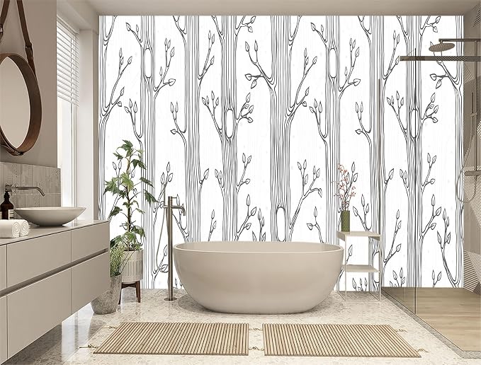XMPMBM-Hand-Painted Cartoon Grey Tree Fabric Wallpaper Nursery Room Kids - Image 2