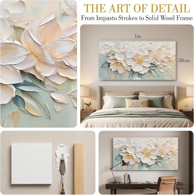 Anolyfi White Textured Flowers Canvas Wall Art - Image 4